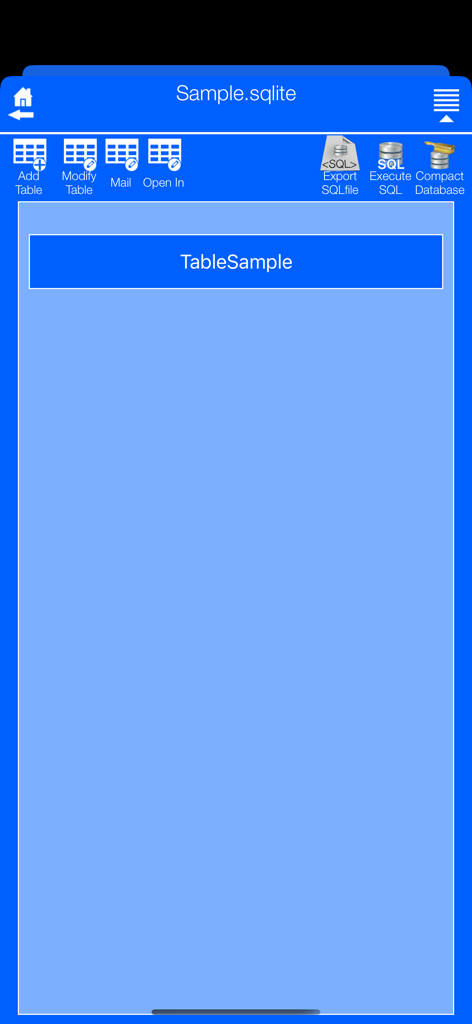 Ultimate Database - Ultimate Database app interface showing a sample SQLite file and database management tools including SQL execution and table editing