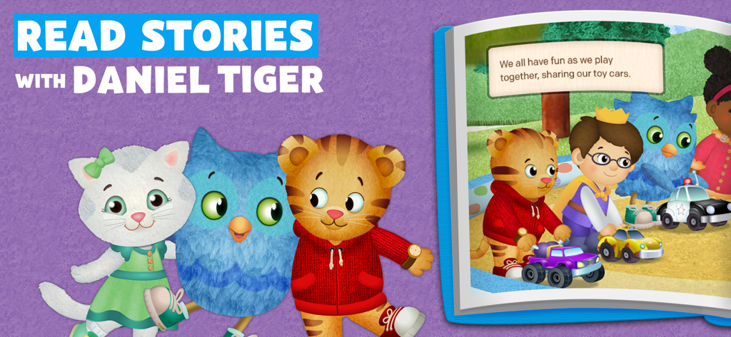 Daniel Tiger characters next to an open digital storybook about sharing toy cars.