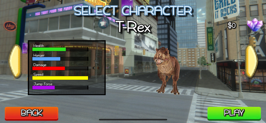 T-rex Simulator City World - Pantalla de selección de personaje T-Rex que muestra estadísticas del dinosaurio como salud y daño en un entorno de ciudad