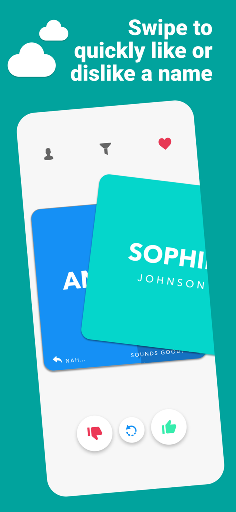 Kinder - Find Baby Names - Kinder app interface showing baby name cards with a swipe to like or dislike feature