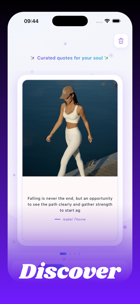 Baji~ - A screenshot of the Baji app showing a curated quote card with an aesthetic photo and inspirational text in the Discover section.