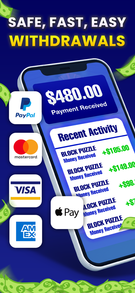 Block Puzzle Cash - Win Money - Smartphone screen showing a 480 dollar payment received from the app with logos for PayPal Apple Pay and Visa