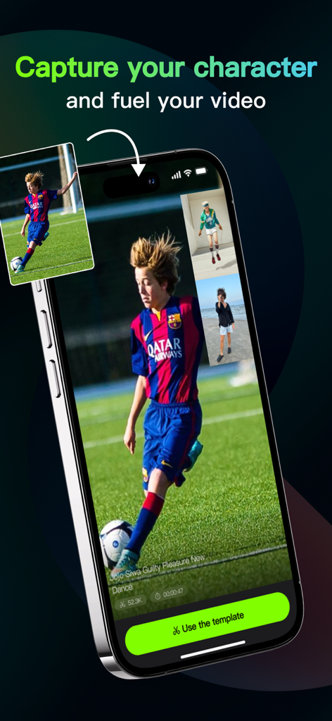 Groovo: Meme Generator - Groovo app interface showing an AI video template with a photo of a soccer player being animated.