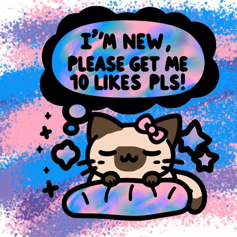 kitty taking a nap dream talking and saying "i'm new, please get me at least 10 likes pls!!"