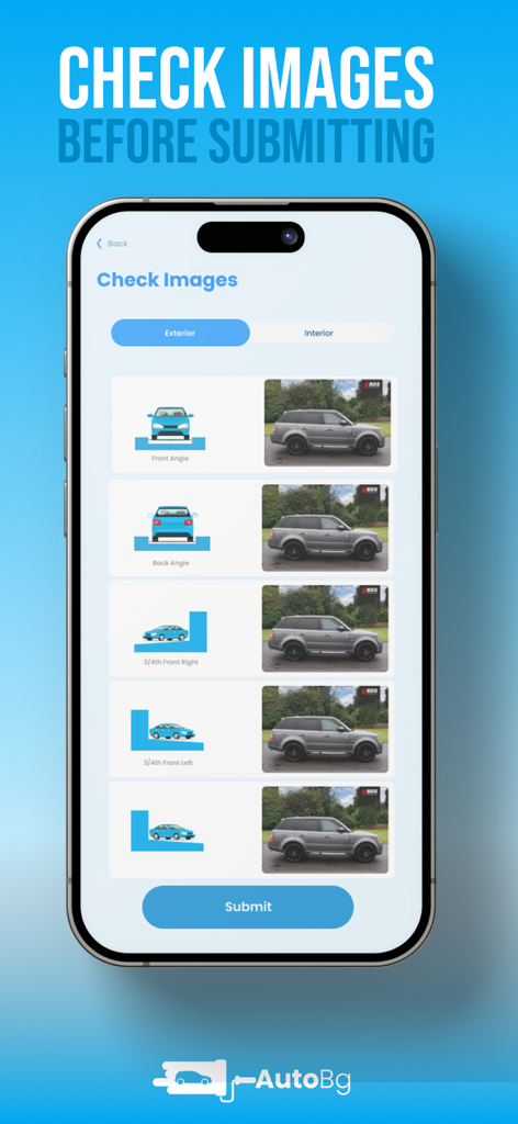 Pantalla de la aplicación móvil mostrando una lista de fotos de coches desde diferentes ángulos para su revisión antes de la entrega