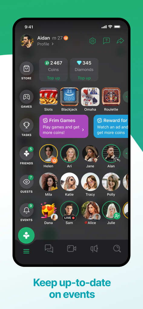 Frim: meet new people - Frim app dashboard showing user profiles, virtual currency, and social games for meeting new people.