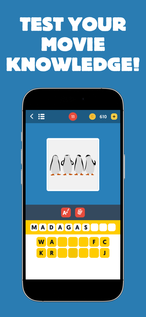 Interface de jogo móvel mostrando um quiz de imagens de filmes com pinguins minimalistas de Madagascar