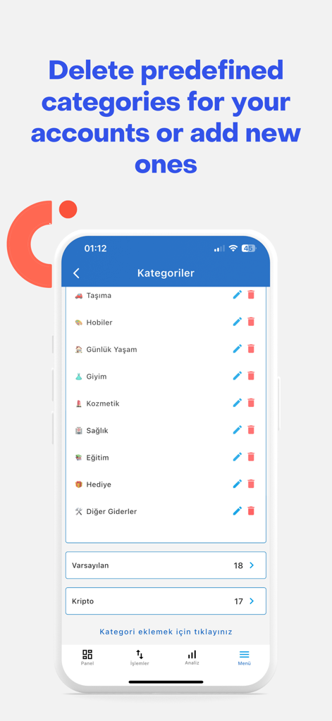 Interface for managing and customizing financial expense categories in the Money Manager app.