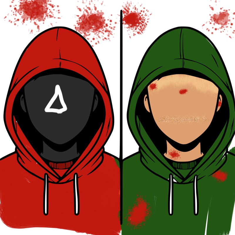 a person with a hoodie and no face, the drawing is split in 2