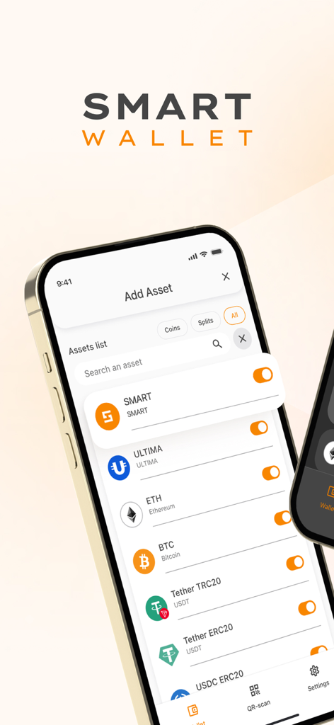 Smart Wallet App - Smart Wallet App interface on iPhone showing the Add Asset screen with a list of cryptocurrencies including Bitcoin and Ethereum.