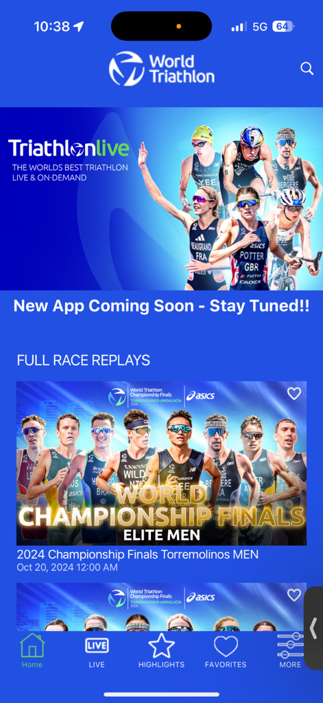 Home screen of the TriathlonLive app featuring full race replays and live triathlon streaming options