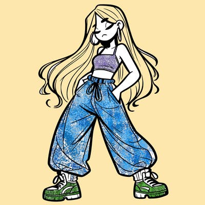 girl in baggy pants crop top and long hair