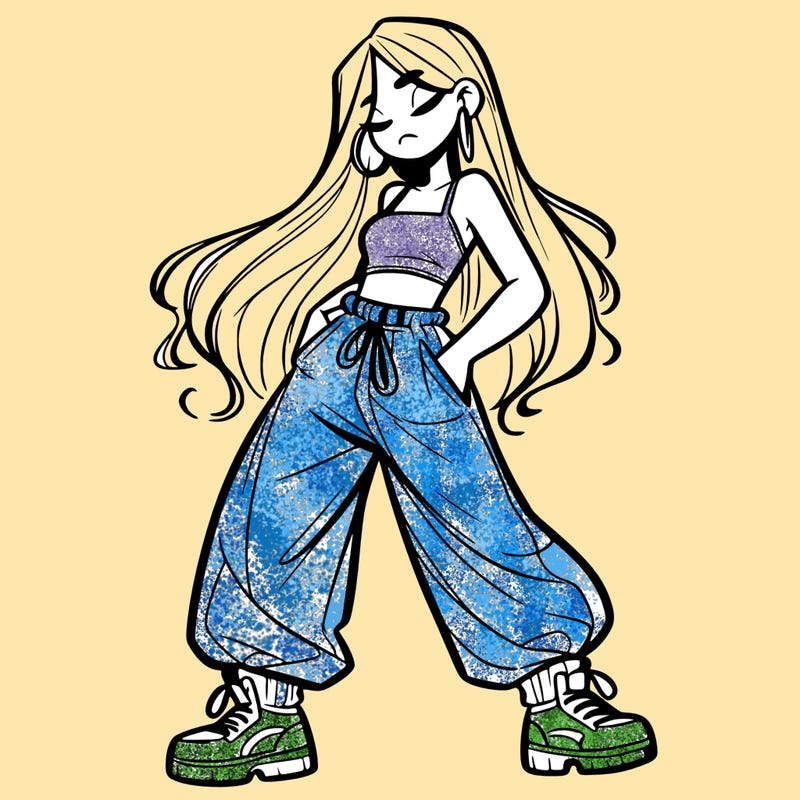 girl in baggy pants crop top and long hair