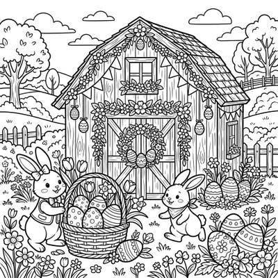 Celebrate Easter with this delightful coloring page featuring a cozy storage barn adorned with festive decorations. Join two adorable bunnies as they prepare for a joyful spring celebration, surrounded by patterned eggs and blooming flowers.