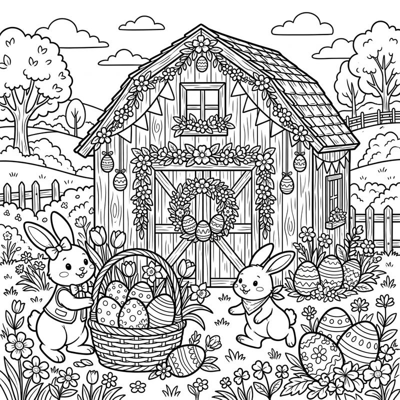 Celebrate Easter with this delightful coloring page featuring a cozy storage barn adorned with festive decorations. Join two adorable bunnies as they prepare for a joyful spring celebration, surrounded by patterned eggs and blooming flowers.