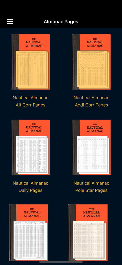 EZ Nautical Almanac - Menü des digitalen nautischen Almanachs mit täglichen Seiten und Korrekturtabellen