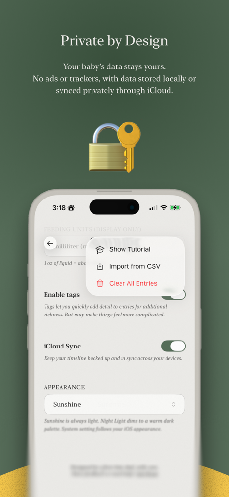 BabyRo — Simple Baby Tracker - BabyRo app screenshot highlighting private by design data storage and iCloud synchronization settings