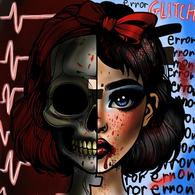 realistic girl with half skull mask