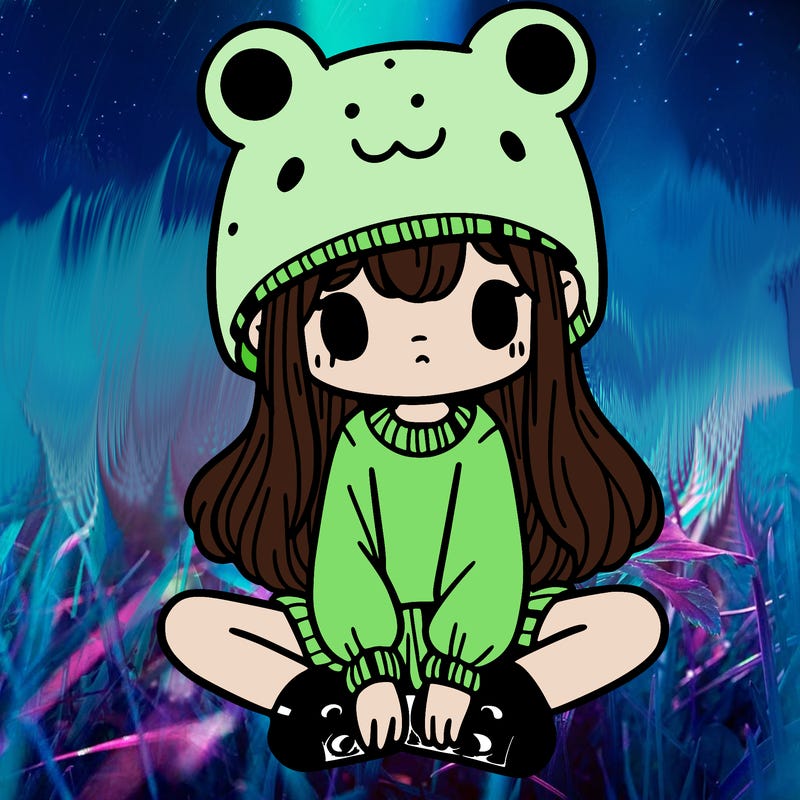 a girl wearing a frog hat and some frog socks