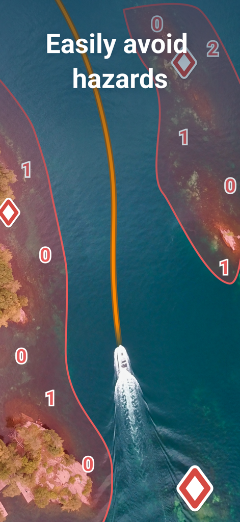 A boat navigating through a safe blue path between red hazard zones on the Wavve Boating marine GPS app.
