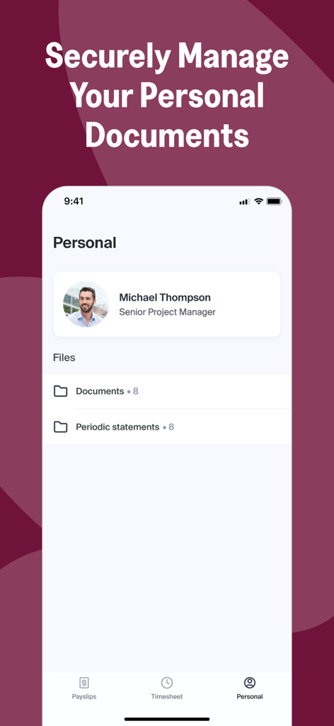Papaya Personal: Employee App - Pantalla segura de gestión de documentos personales en la aplicación Papaya Personal.