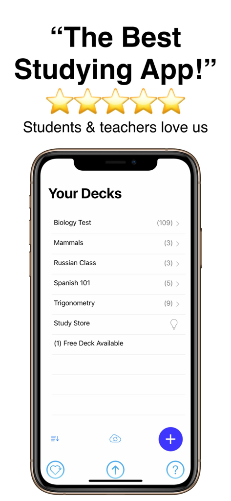 Flash Cards Flashcards Maker - Uma interface móvel para o aplicativo Flashcards Maker mostrando uma lista de decks de estudo como Biologia e Espanhol.