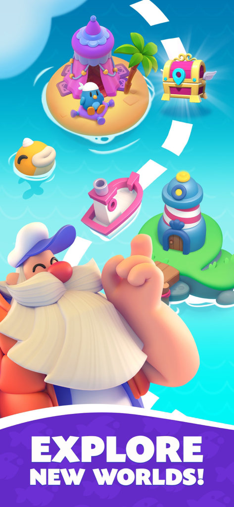 A cartoon captain character looking at different colorful islands to build in Fish of Fortune