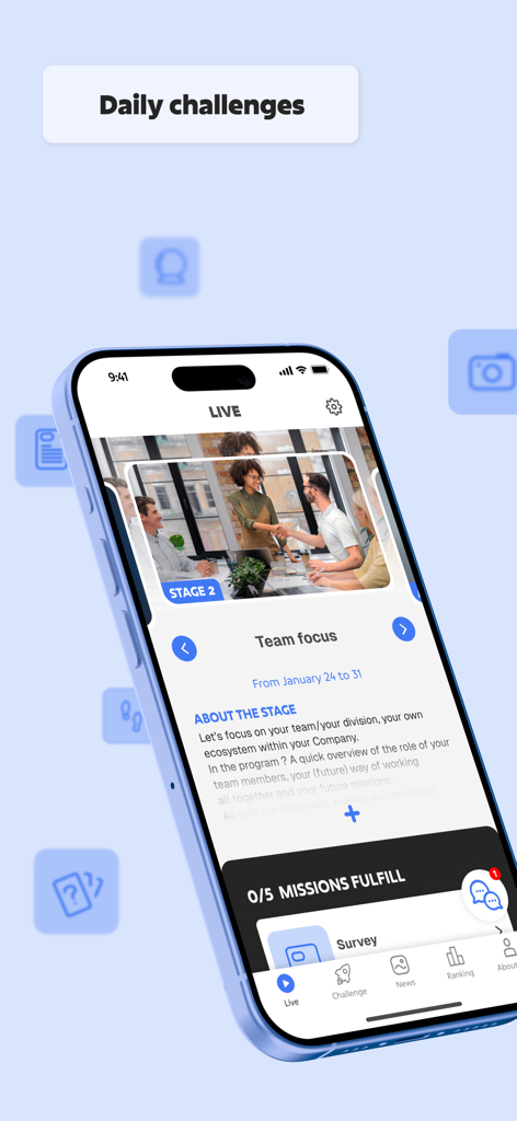 OuiLive - La interfaz de la aplicación móvil OuiLive muestra los desafíos diarios de participación del equipo corporativo.