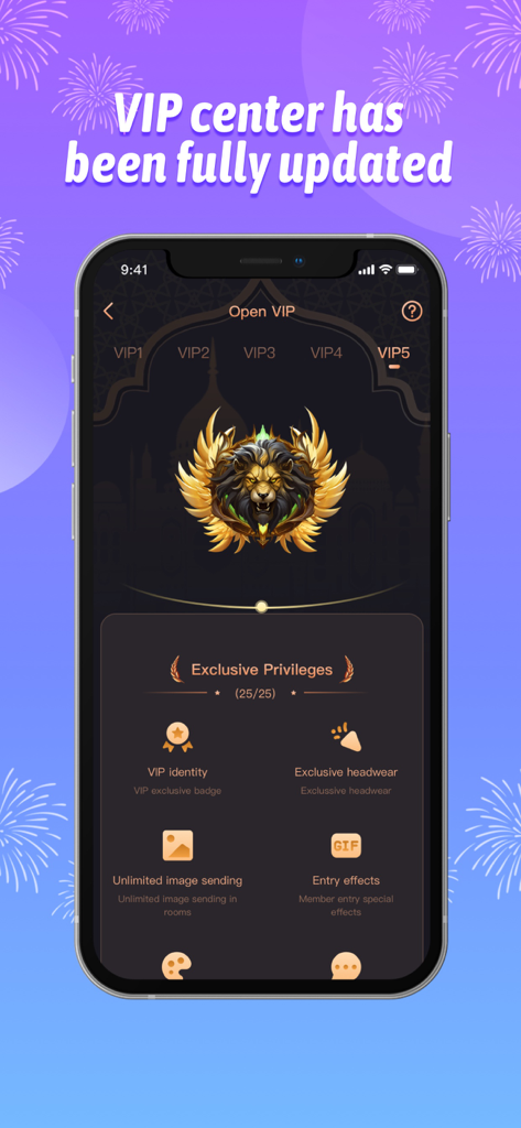 TopVoice - Group Voice Chat - Interfaz del centro VIP de la aplicación TopVoice que muestra privilegios exclusivos VIP5 y una insignia de león dorado