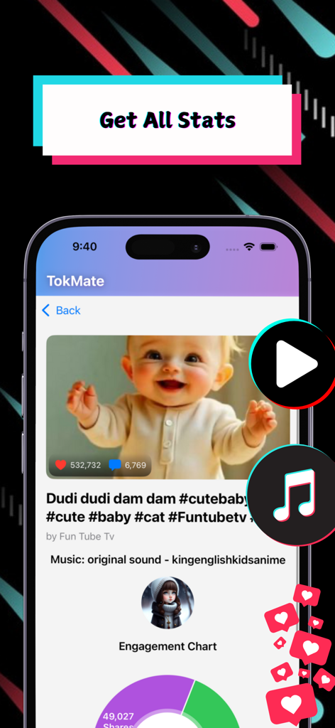 SnapTok: Save Tok Tags, Emoji - A mobile interface of the SnapTok app showing video engagement statistics and a performance chart.