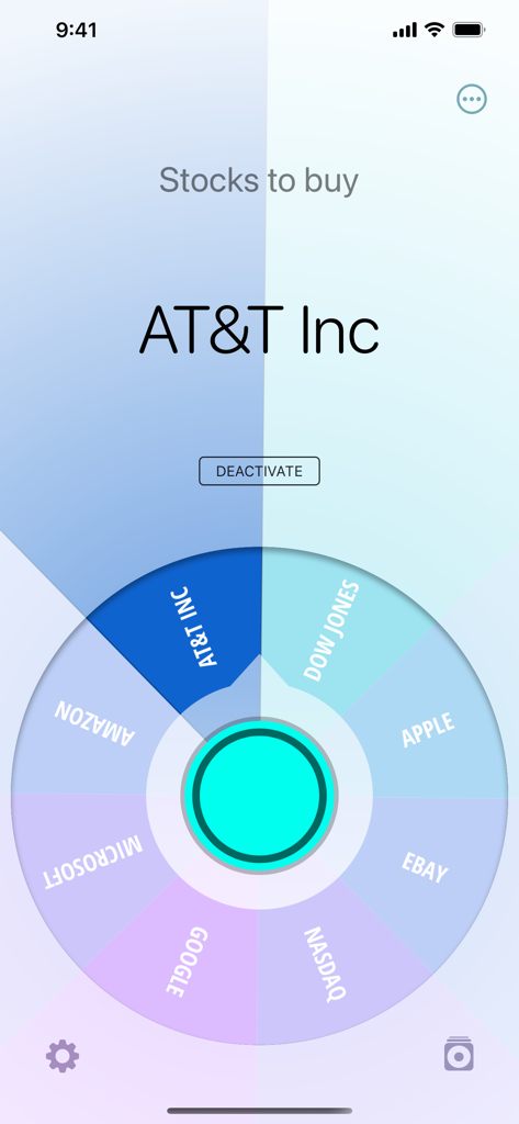 Interfaccia dell'app Decide Now che mostra una ruota di selezione personalizzata per scegliere quale azione comprare