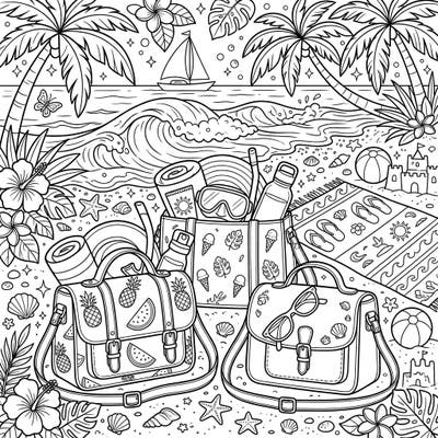 Get ready for a sun-soaked creative escape with this intricate satchel bags summer vacation coloring page. Immerse yourself in a detailed beach scene, perfect for bringing vibrant hues to a stylish seaside adventure.