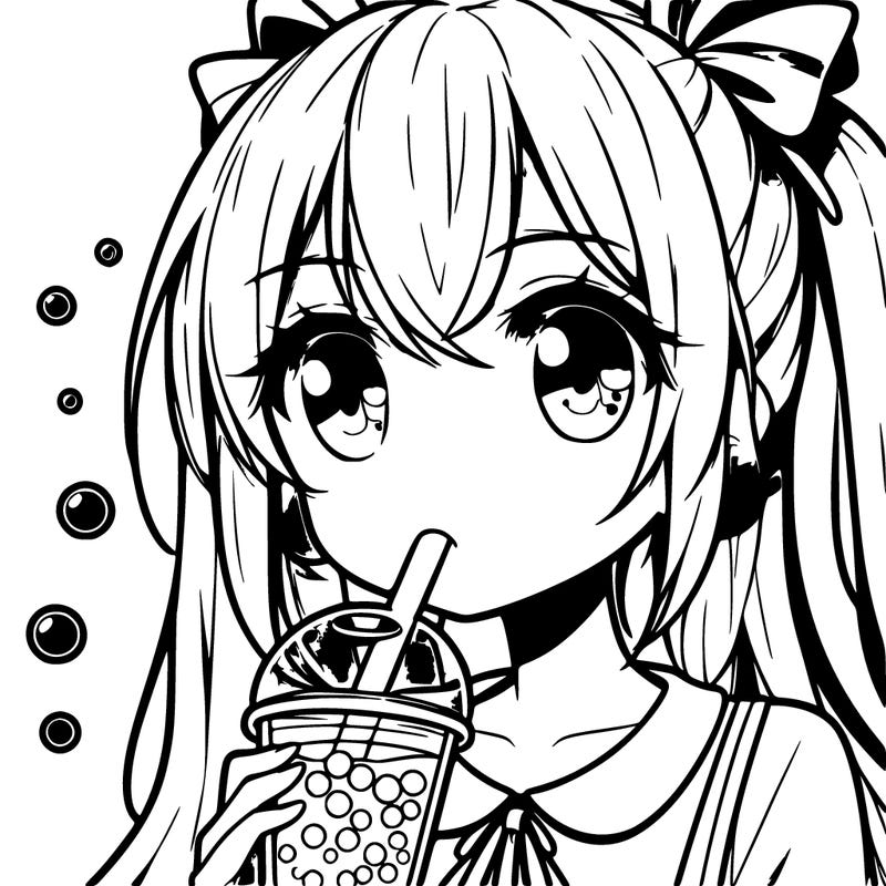 an anime girl drinking a bubble tea