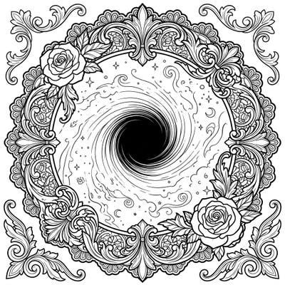Explore the mesmerizing depths of a black hole, elegantly framed by intricate gothic artistry. This unique coloring page invites you to blend cosmic wonder with dark, romantic aesthetics.