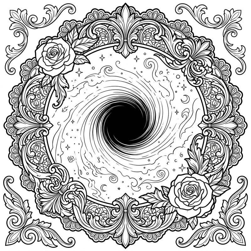 Explore the mesmerizing depths of a black hole, elegantly framed by intricate gothic artistry. This unique coloring page invites you to blend cosmic wonder with dark, romantic aesthetics.