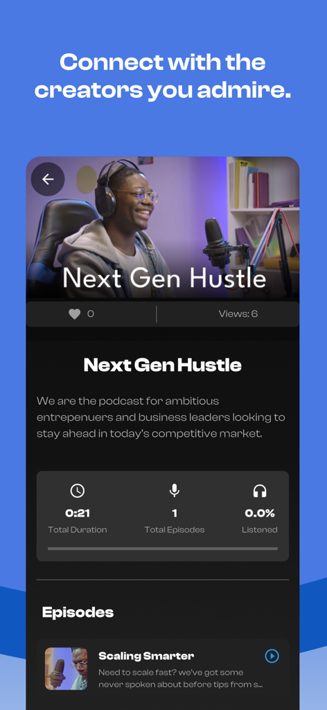 Inner Circle app screen displaying the Next Gen Hustle podcast page for entrepreneurs.