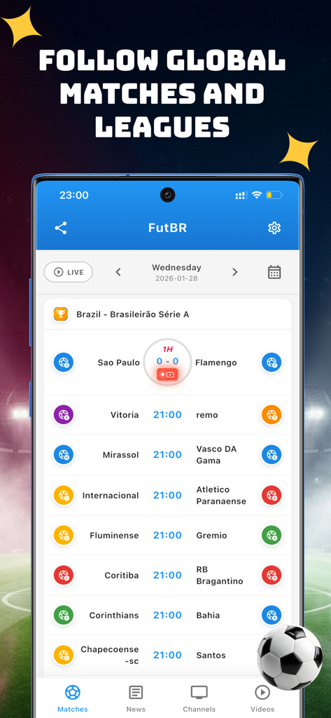 FutBR - futebol Ao Vivo - Schermata dell'app mobile che mostra un calendario delle partite di calcio del campionato brasiliano con aggiornamenti dei punteggi in diretta