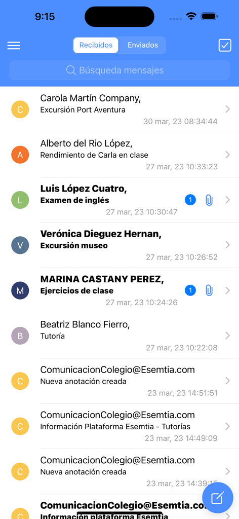 A list of received school messages and notifications within the Esemtia Connect mobile app interface.