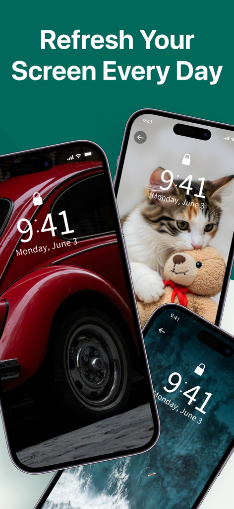 Phone Manager: Senior Care - Three iPhones displaying classic car, kitten, and nature wallpapers under the text Refresh Your Screen Every Day