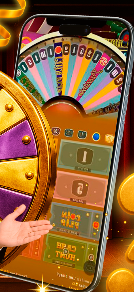 Crazy time:Crazy Mind Boost - Crazy Time Mind Boostモバイルゲームインターフェース。iPhoneにカラフルな回転ホイールとゲームボードが表示されています