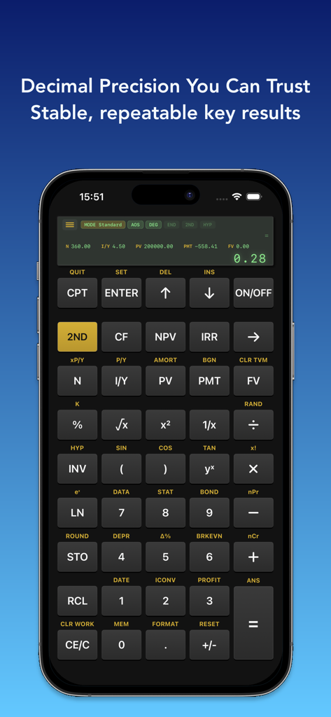 FinCalc mobile app interface showing a financial calculator with decimal precision on an iPhone