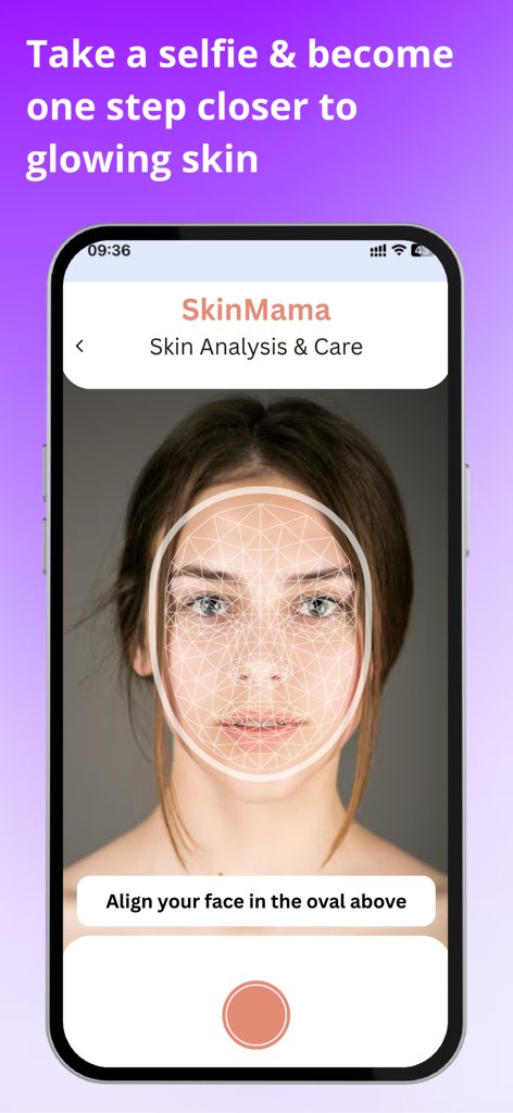 A mobile app interface for SkinMama showing a woman's face being scanned by AI for skin analysis and care.