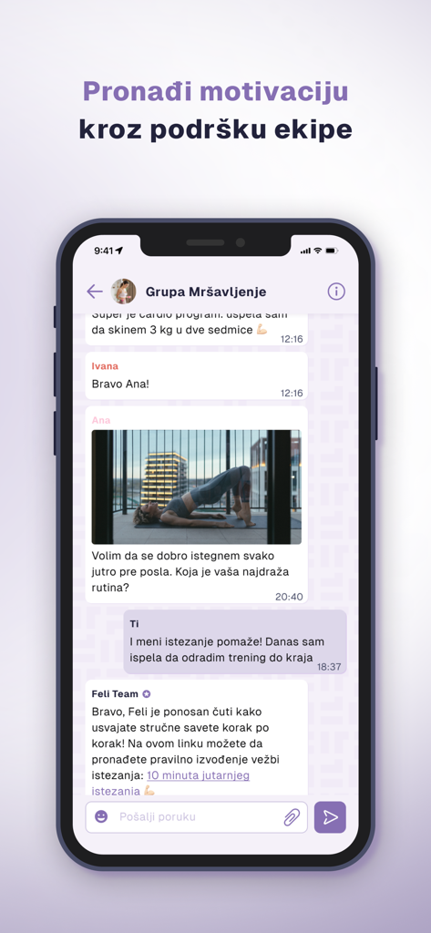 Écran de l'application Feli montrant un chat communautaire où les femmes partagent leurs progrès en matière de fitness et reçoivent le soutien d'entraîneurs et de nutritionnistes professionnels.