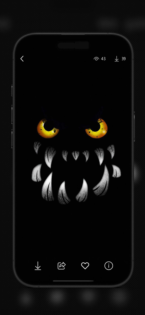 Silly Smile Wallpapers 4K Live - Ein dunkles Handy-Hintergrundbild mit einem albernen Monstergesicht mit leuchtend gelben Augen und scharfen weißen Zähnen.