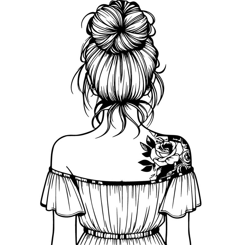 realistic women’s space bun hairstyle from behind with tattoos on her back and off the shoulder tank top dress