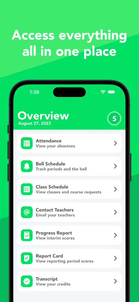GradeWay for HAC - Overview dashboard of the GradeWay for HAC app showing links to attendance, class schedule, and progress reports