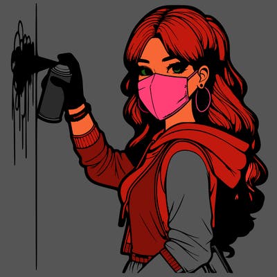 realistic girl with mask spray painting a wall