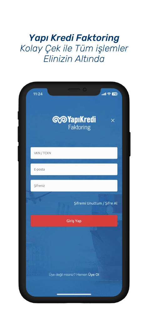 Kolay Çek - Anmeldeseite der Kolay Cek Finance App von Yapi Kredi Faktoring mit Feldern zur Eingabe von Anmeldeinformationen.
