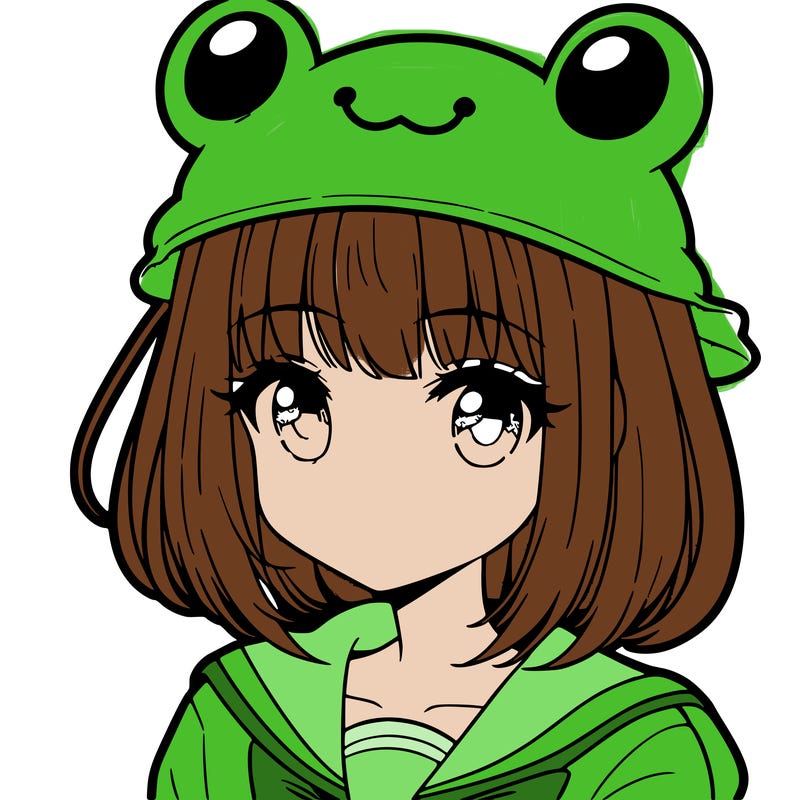 anime girl with bangs wearing a cute frog hat