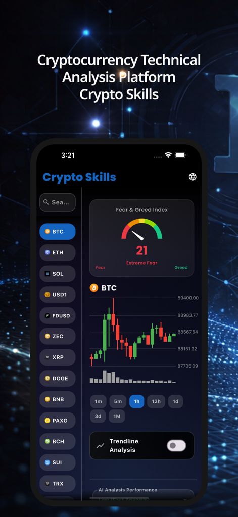 Crypto Skills: AI Signal - Crypto Skills mobile app dashboard with BTC candlestick chart and fear and greed index